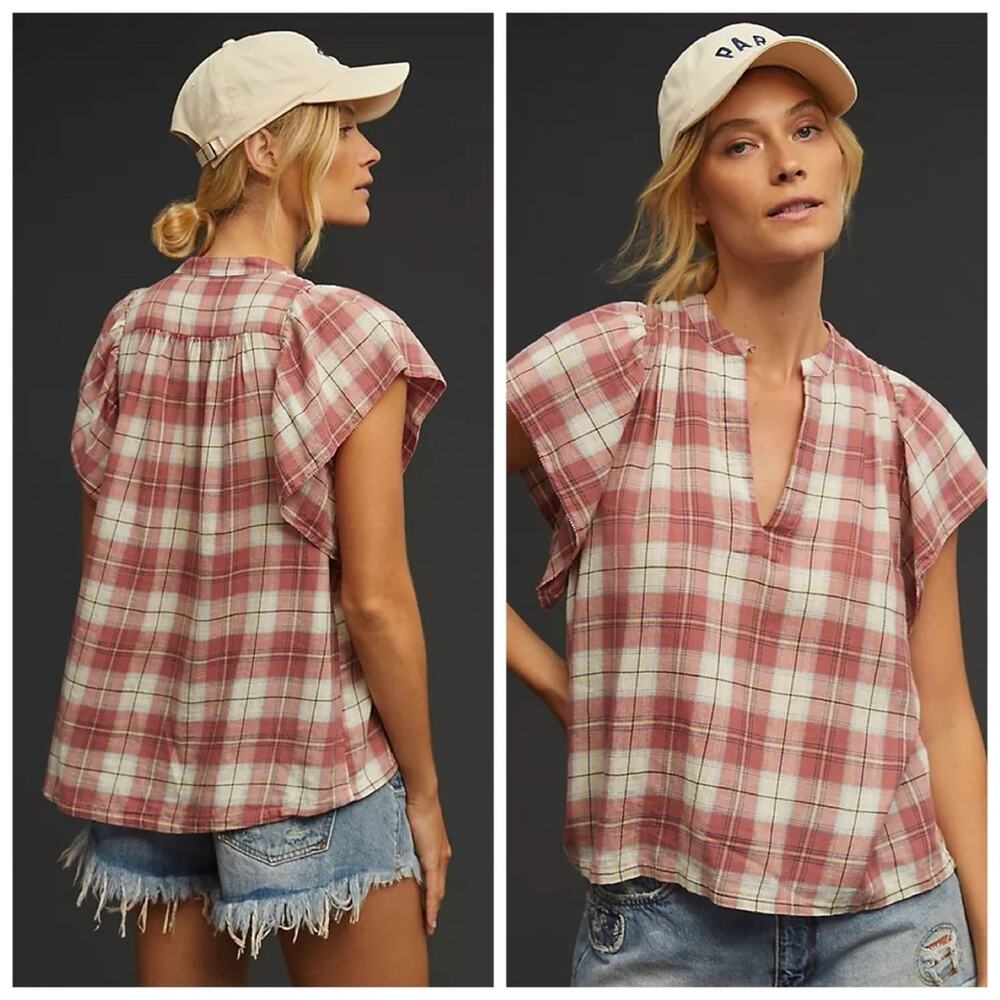Trovata Birds of Paradis Brett Canyon Plaid Flutter Sleeve Blouse Top Red White